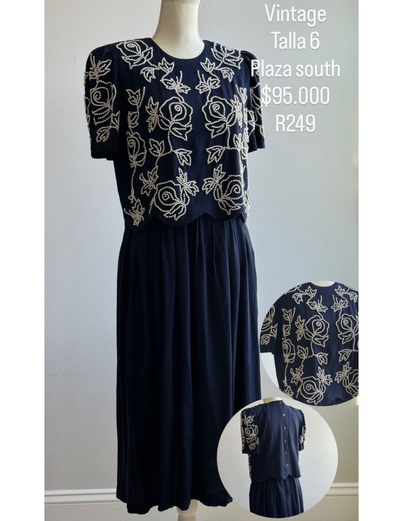 Vestido Plaza South Color Azul Y Perlas Tejida