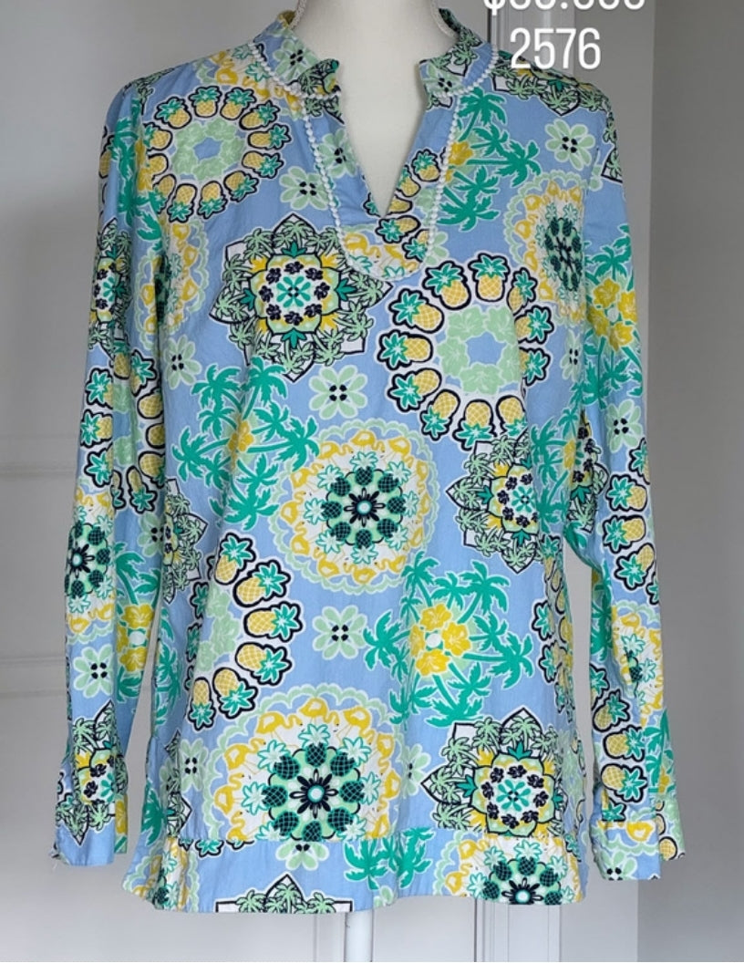 Blusa Crown & Ivy Color Azul Estampado Tropical